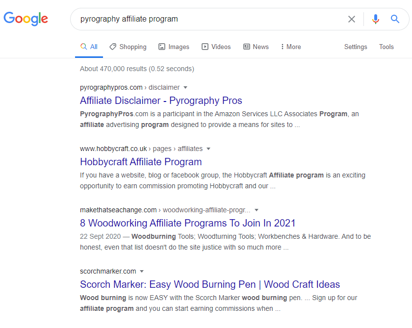 pyrography affiliate program search