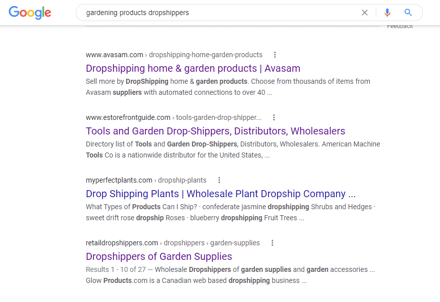 Google search results for gardening drop shipper