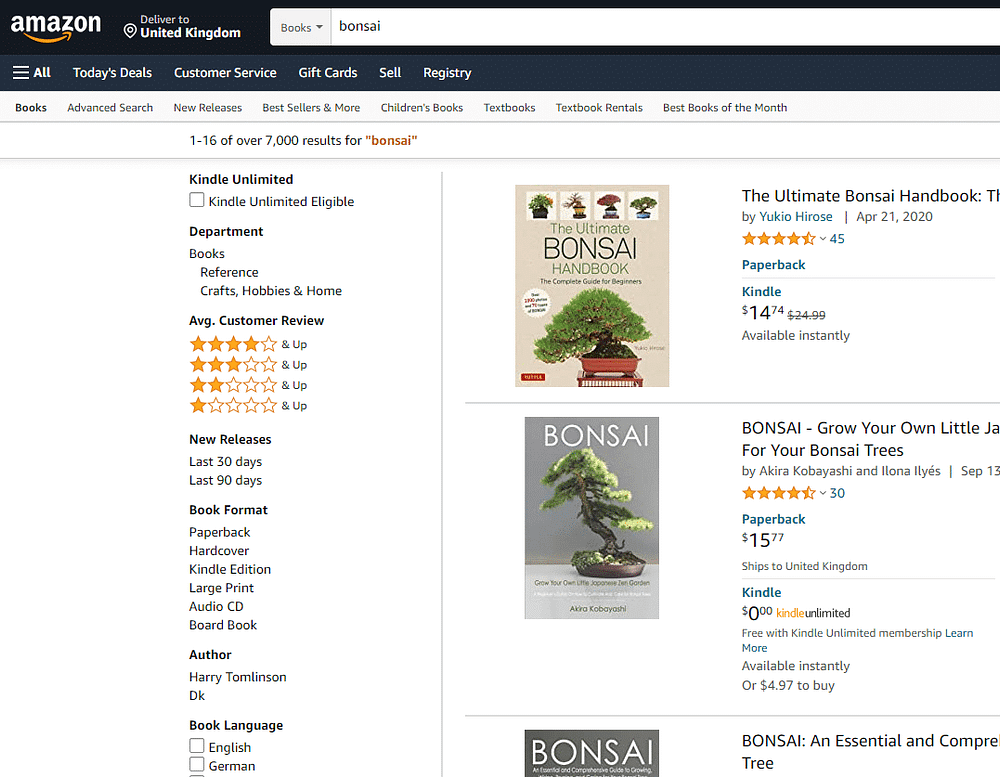 bonsai books on Amazon