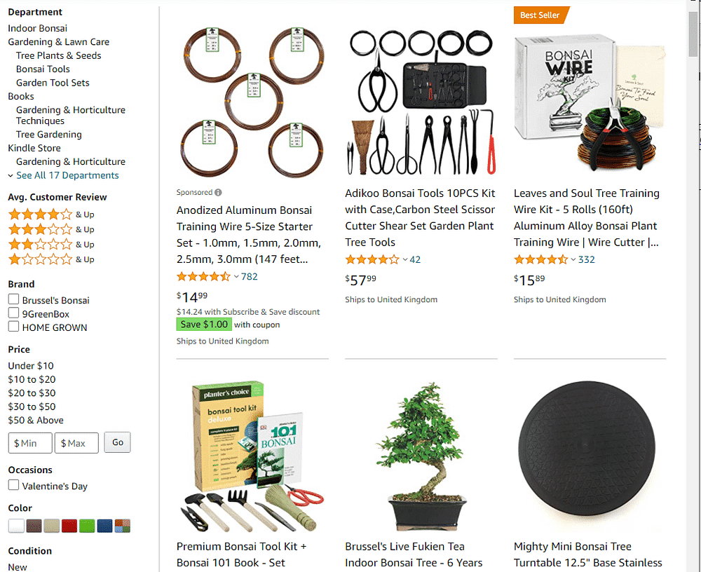 bonsai accessories on Amazon