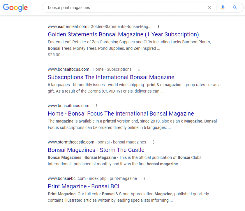 Google results for bonsai magazines